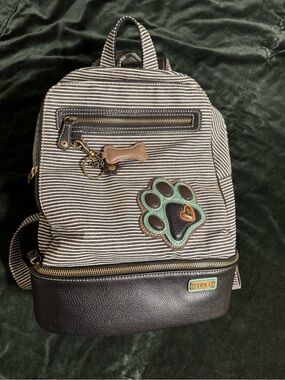 Chala Black & White Striped Backpack with Mint Paw Patch